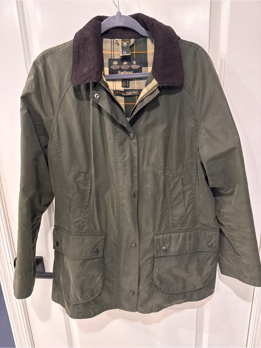 Barbour Olive Utility Beadnell Waxed Jacket with Dark Brown Corduroy Collar